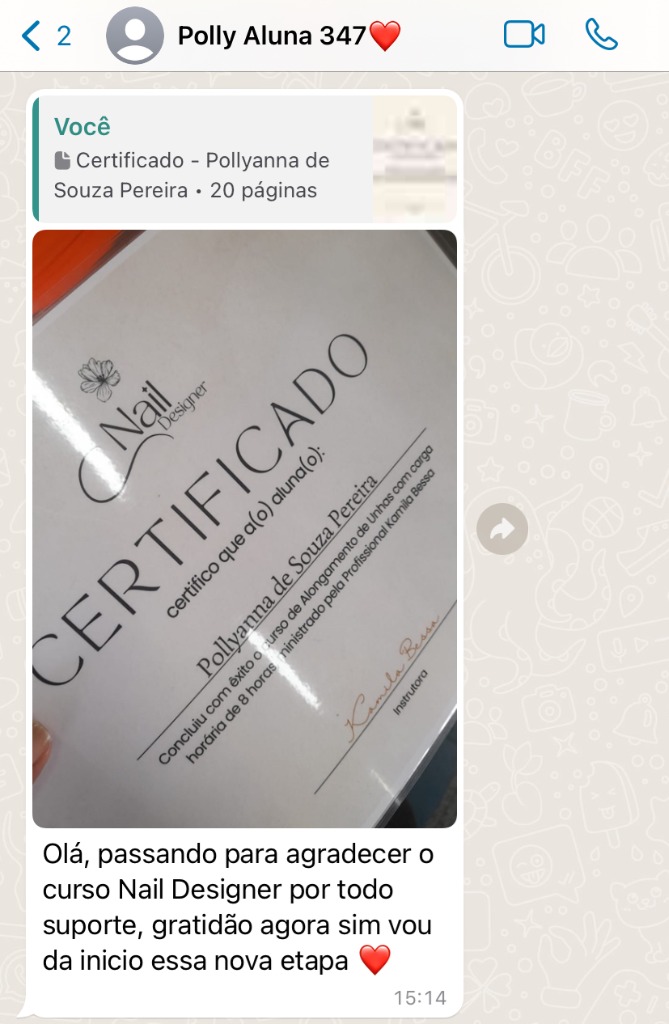 Print de WhatsApp: Pollyanna mostra o certificado e agradece o curso